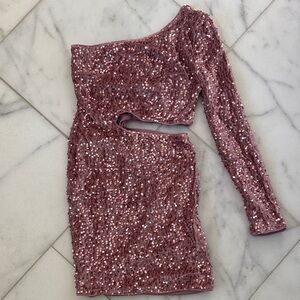 SHEIN Rose Pink One-Shoulder Sequin Cutout Mini Dress
